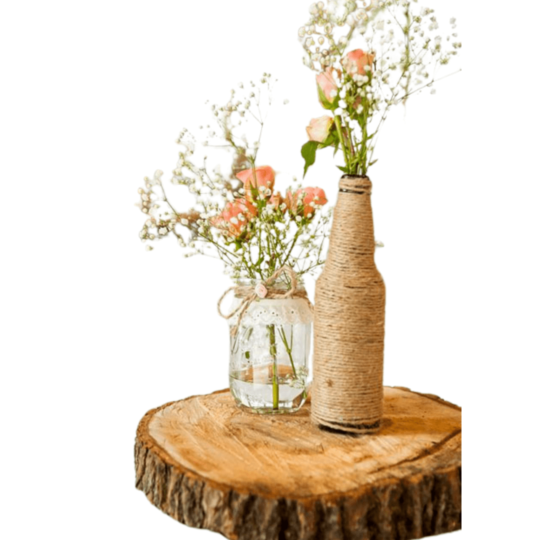 Twine Decorated Jars and Bottles With Artificial Flowers , Votives and Mirror Plate