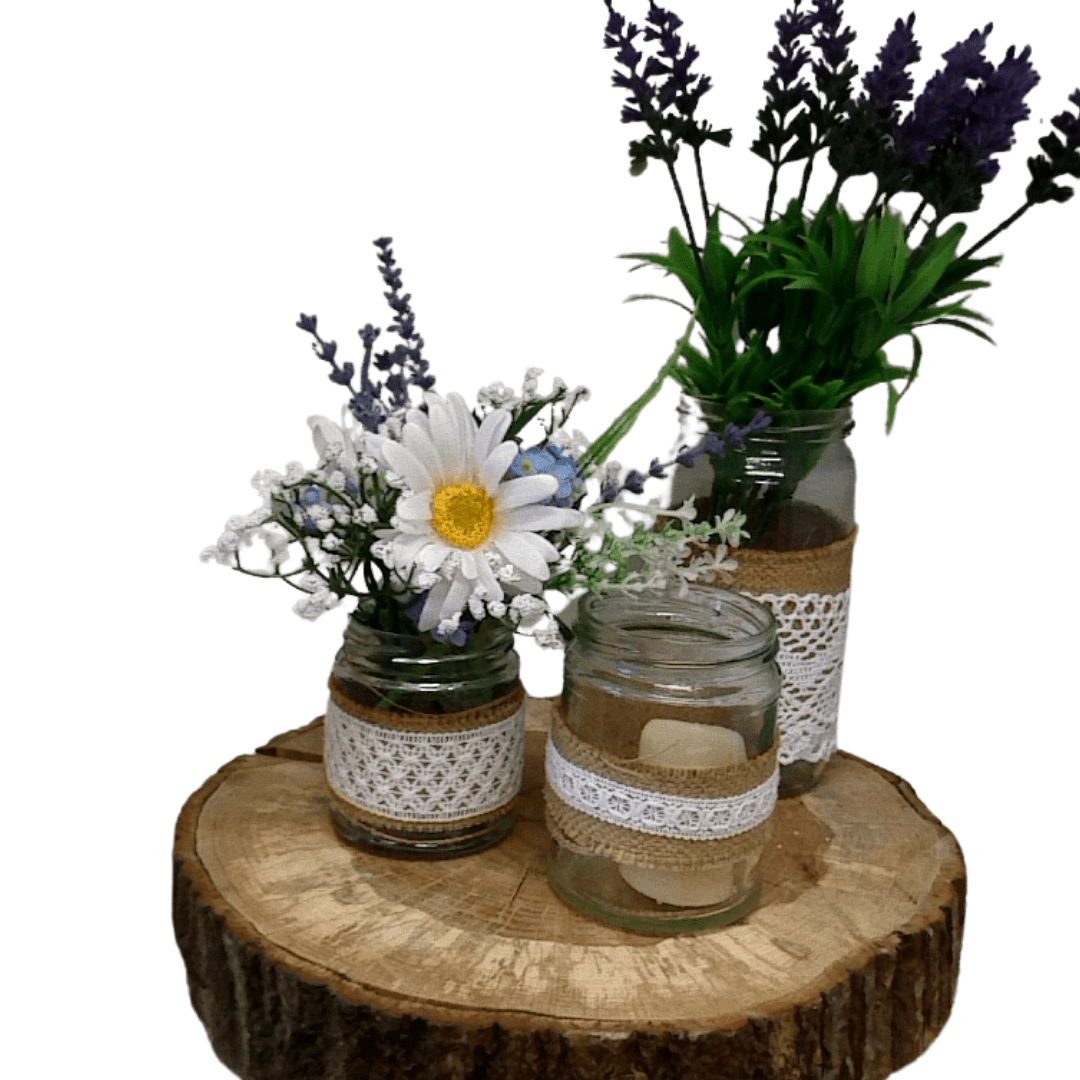 Twine Decorated Jars and Bottle With Artificial Flowers , Votives and Log Slice
